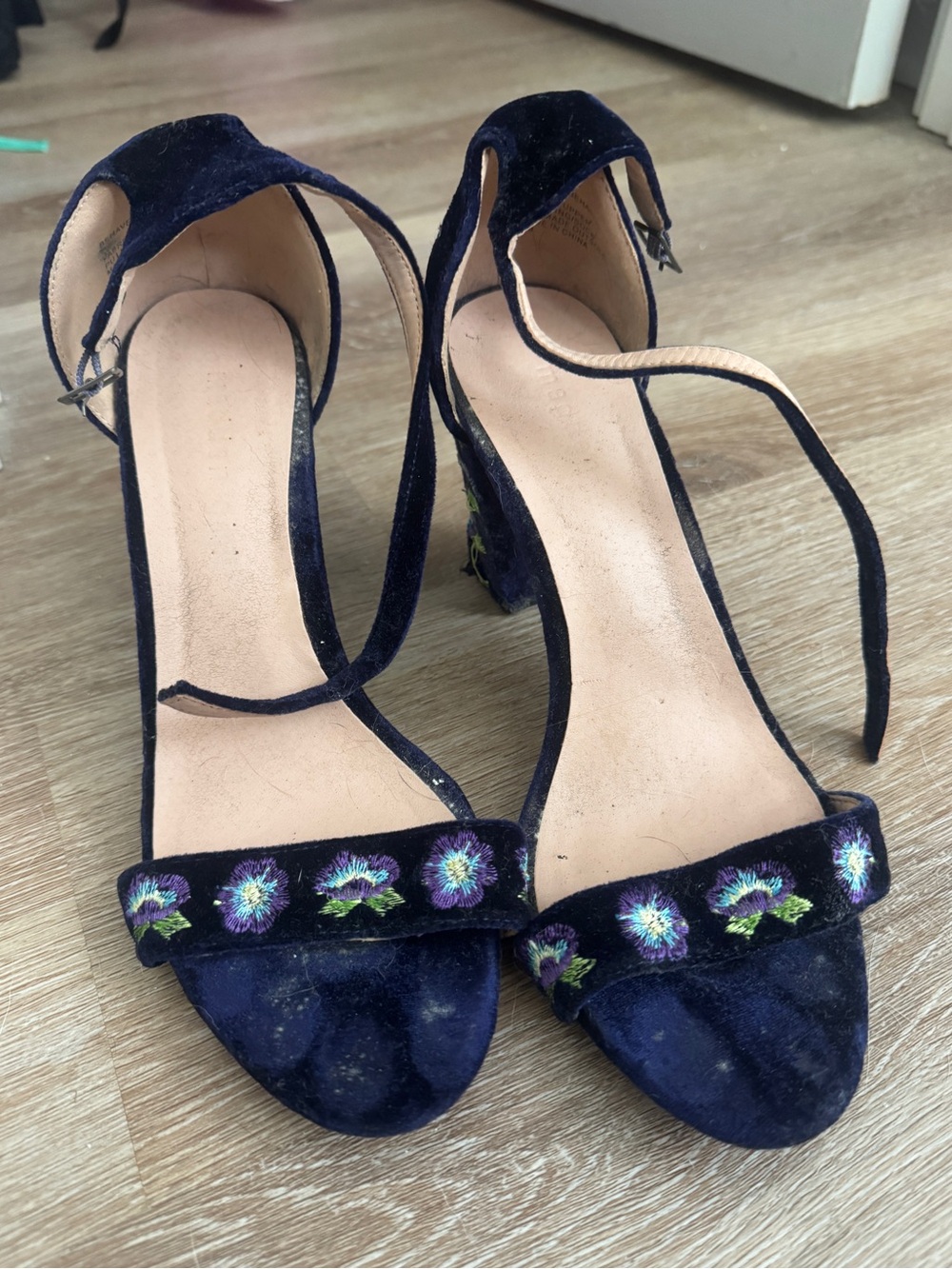 Navy Velvet Floral Embroidered Block Heel Sandals